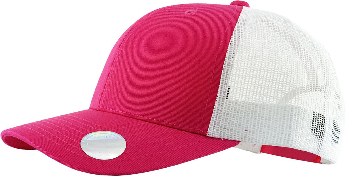 Hot Pink White Two Tone Classic 6 Panel Trucker Mesh Snapback Side View